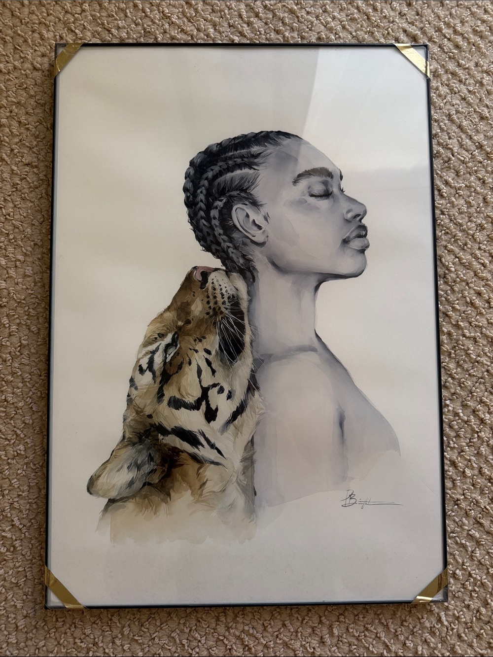 Framed Art Print - Woman with Tiger (Black, Brown, White)